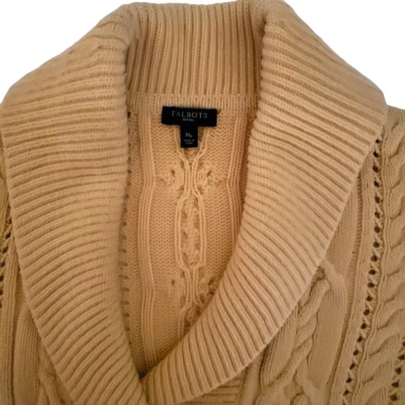 Talbots Lambswool Cable Knit Yellow Cardigan Leather Buckle Sweater MP - Picture 9 of 10